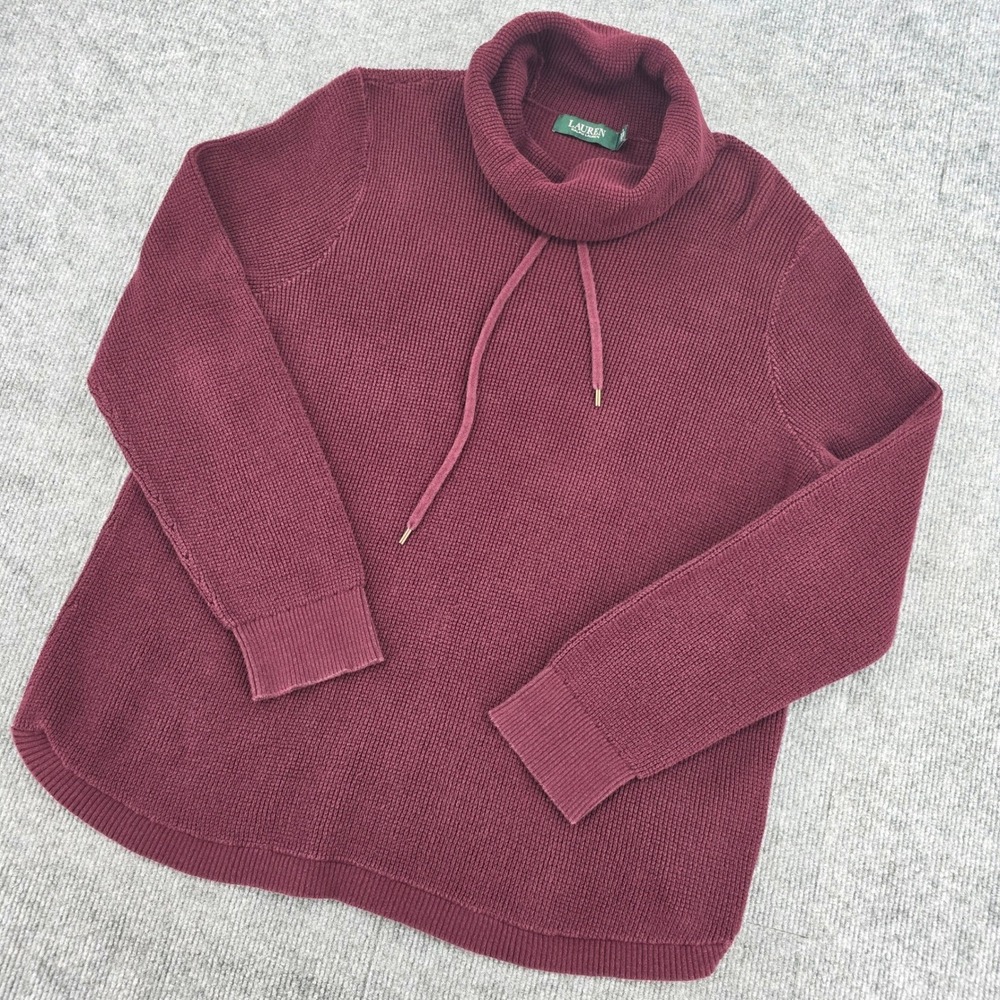 Lauren Ralph Lauren Burgundy Waffle Knit Cowl Neck Drawstring Sweater 1X